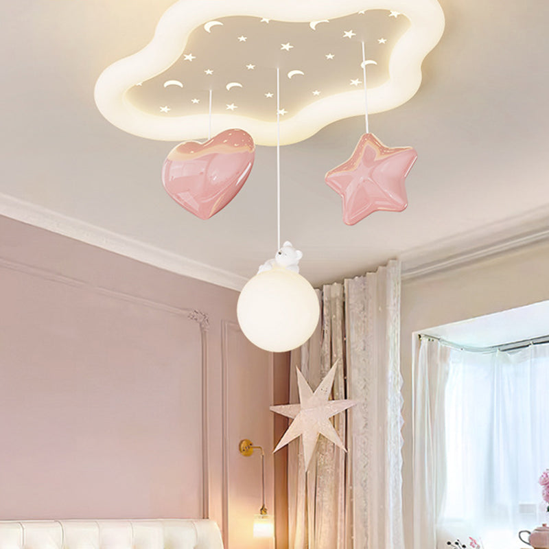 Contemporary Creative Kids Warm Clouds Heart Stars Iron PE LED Flush Mount Ceiling Light For Bedroom