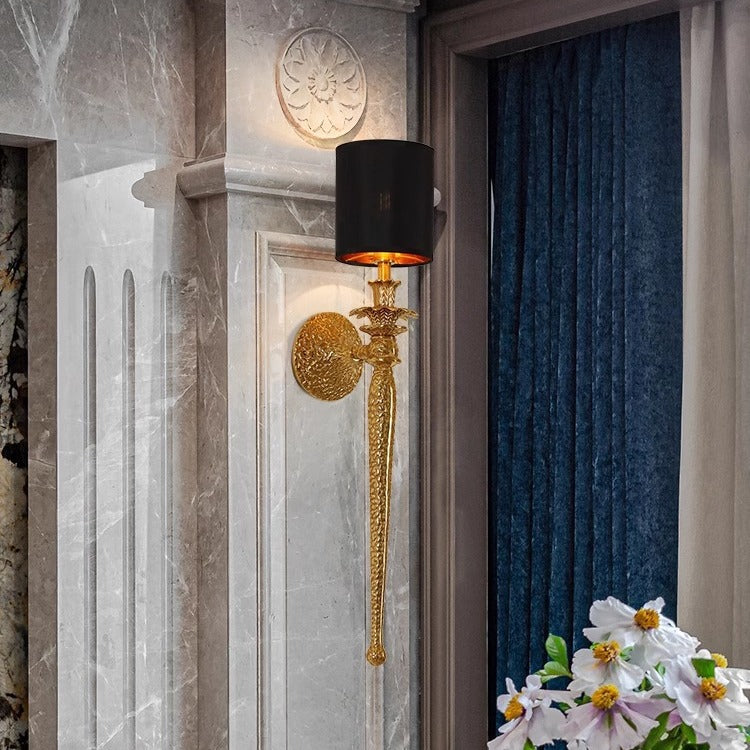 Lámpara de Aplique de Pared de 1 Luz de Tela de Cobre Completo con Hoja Larga de Vena Cilíndrica Vintage Tradicional para Sala de Estar 