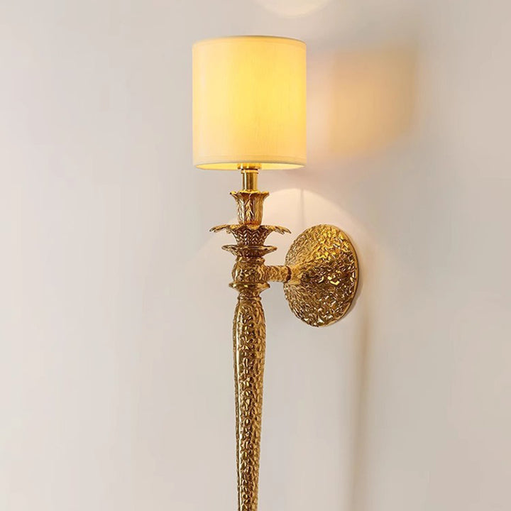 Lámpara de Aplique de Pared de 1 Luz de Tela de Cobre Completo con Hoja Larga de Vena Cilíndrica Vintage Tradicional para Sala de Estar 