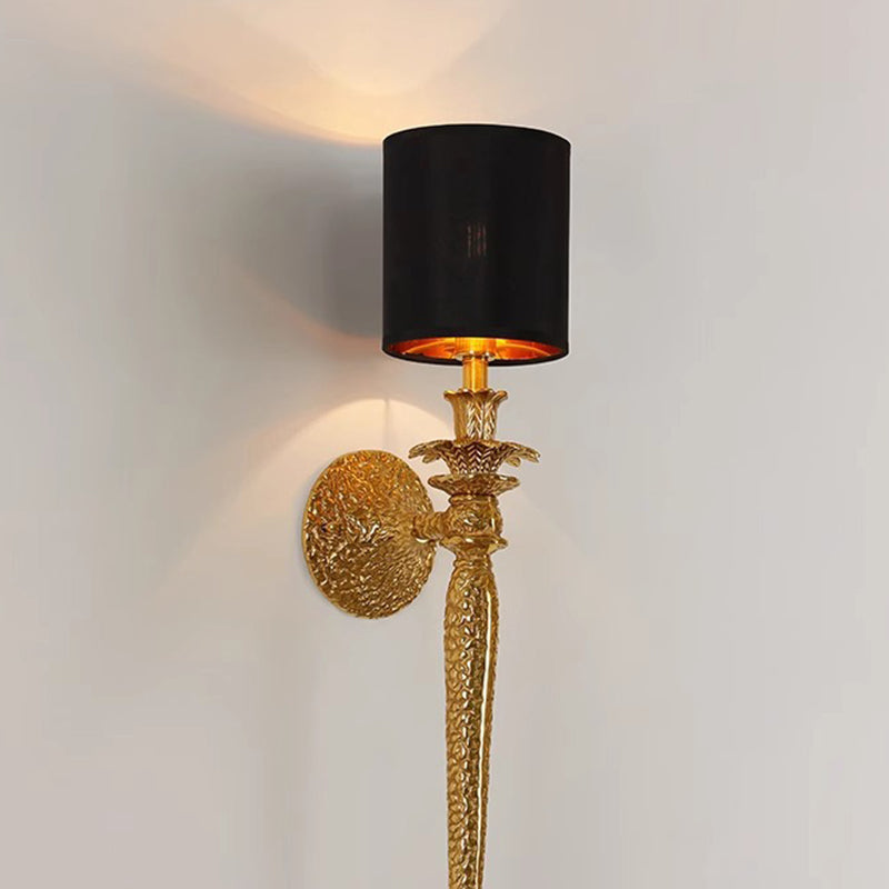 Lámpara de Aplique de Pared de 1 Luz de Tela de Cobre Completo con Hoja Larga de Vena Cilíndrica Vintage Tradicional para Sala de Estar 