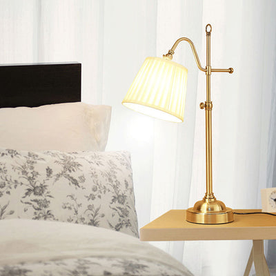 Traditional Vintage Round Table Curved Disc Base Iron Fabric 1-Light Table Lamp For Bedroom