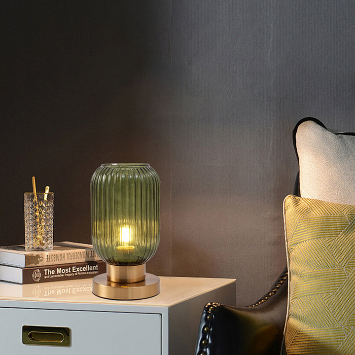 Lámpara de mesa de 1 luz de vidrio de hierro a rayas cilíndrica redonda contemporánea escandinava para dormitorio 