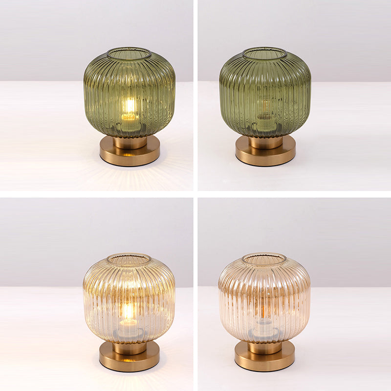 Lampe de table contemporaine scandinave à cylindre rond rayé en fer et verre à 1 lumière pour chambre à coucher 