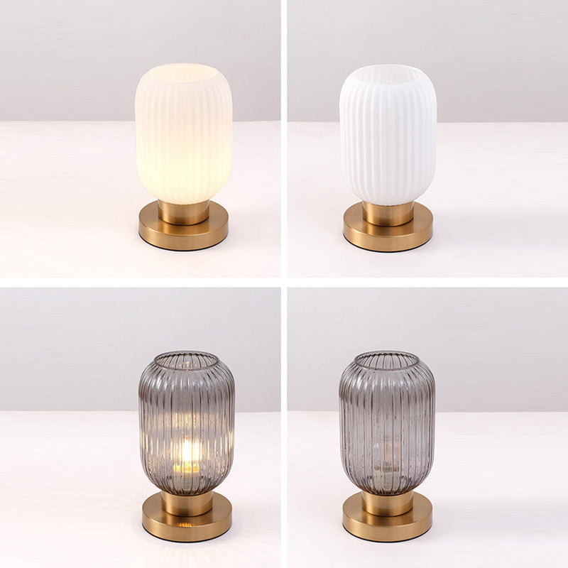 Lámpara de mesa de 1 luz de vidrio de hierro a rayas cilíndrica redonda contemporánea escandinava para dormitorio 