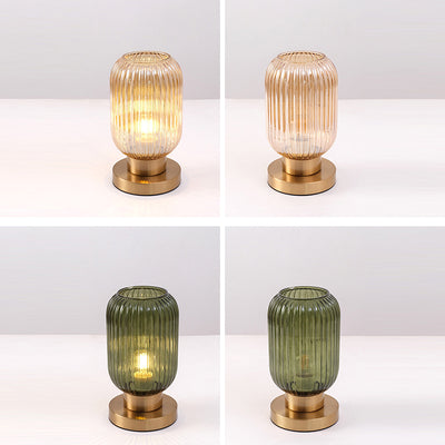 Lampe de table contemporaine scandinave à cylindre rond rayé en fer et verre à 1 lumière pour chambre à coucher 
