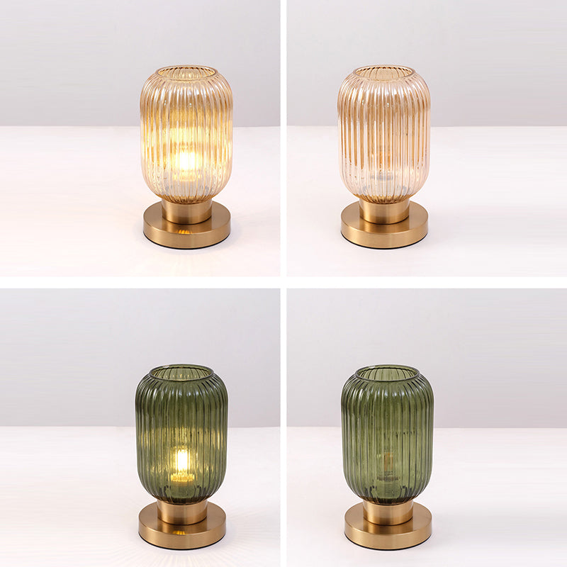 Lampe de table contemporaine scandinave à cylindre rond rayé en fer et verre à 1 lumière pour chambre à coucher 