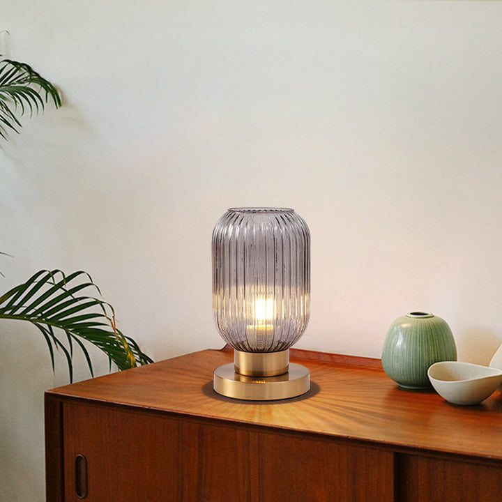 Lámpara de mesa de 1 luz de vidrio de hierro a rayas cilíndrica redonda contemporánea escandinava para dormitorio 