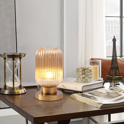 Lampe de table contemporaine scandinave à cylindre rond rayé en fer et verre à 1 lumière pour chambre à coucher 
