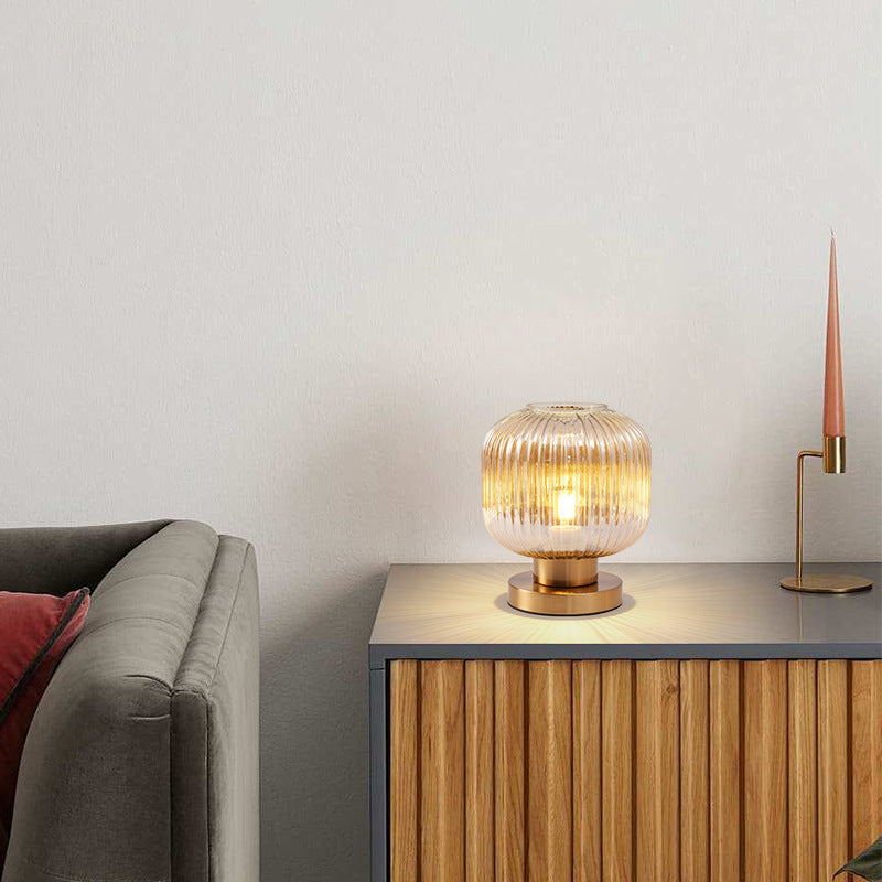 Lampe de table contemporaine scandinave à cylindre rond rayé en fer et verre à 1 lumière pour chambre à coucher 