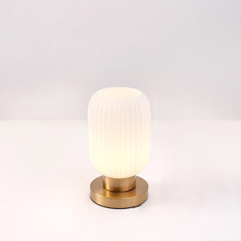 Lampe de table contemporaine scandinave à cylindre rond rayé en fer et verre à 1 lumière pour chambre à coucher 