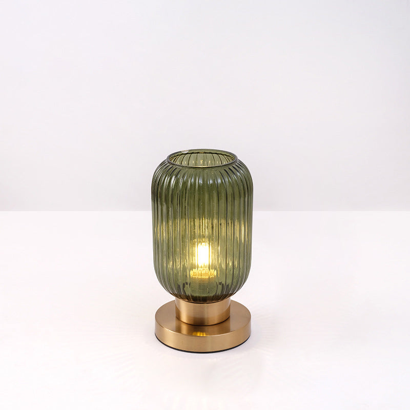 Lámpara de mesa de 1 luz de vidrio de hierro a rayas cilíndrica redonda contemporánea escandinava para dormitorio 