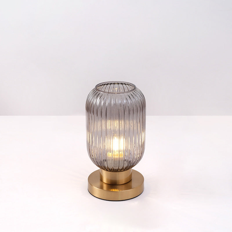 Lámpara de mesa de 1 luz de vidrio de hierro a rayas cilíndrica redonda contemporánea escandinava para dormitorio 