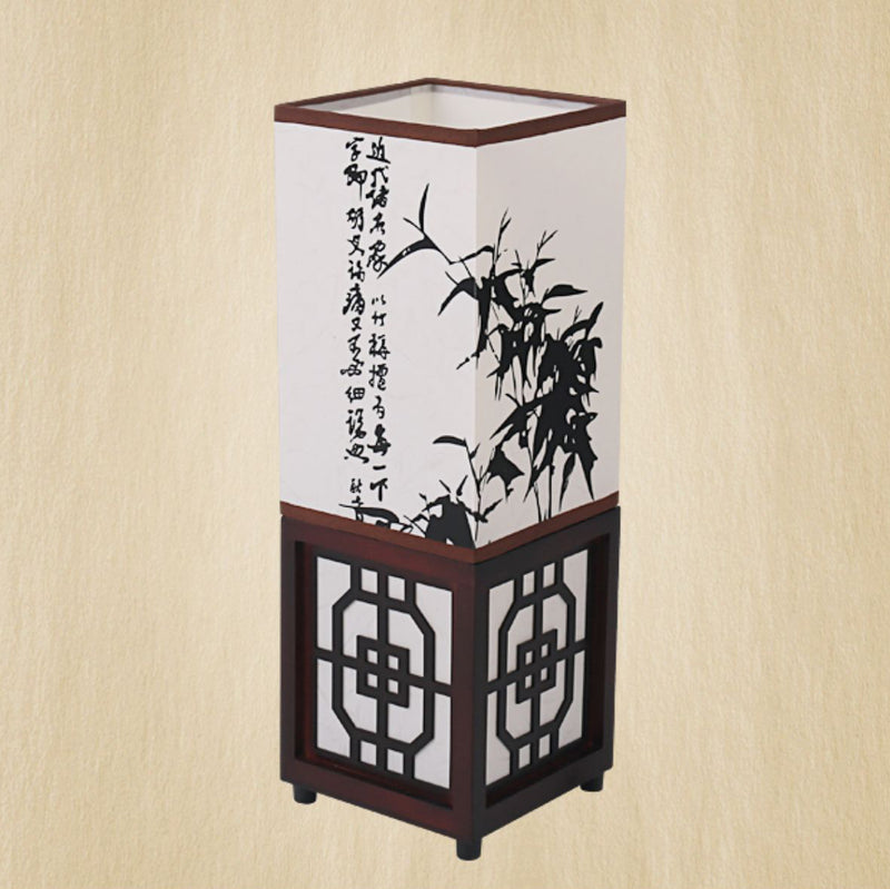 Traditional Chinese Rectangle Bamboo Leaf Pattern Wood Faux Parchment 1-Light Table Lamp For Bedroom
