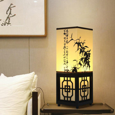Traditional Chinese Rectangle Bamboo Leaf Pattern Wood Faux Parchment 1-Light Table Lamp For Bedroom