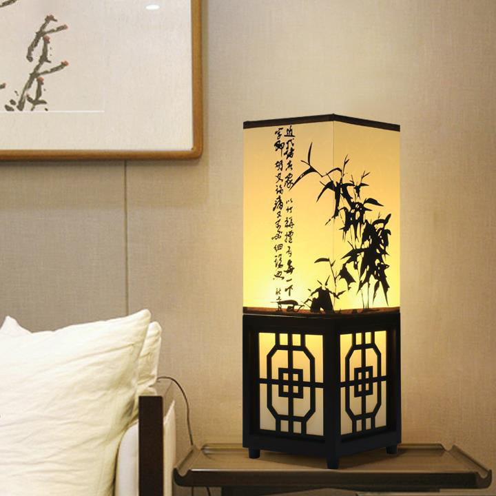 Traditional Chinese Rectangle Bamboo Leaf Pattern Wood Faux Parchment 1-Light Table Lamp For Bedroom