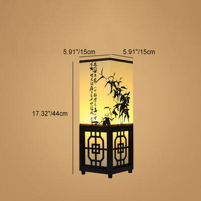 Traditional Chinese Rectangle Bamboo Leaf Pattern Wood Faux Parchment 1-Light Table Lamp For Bedroom