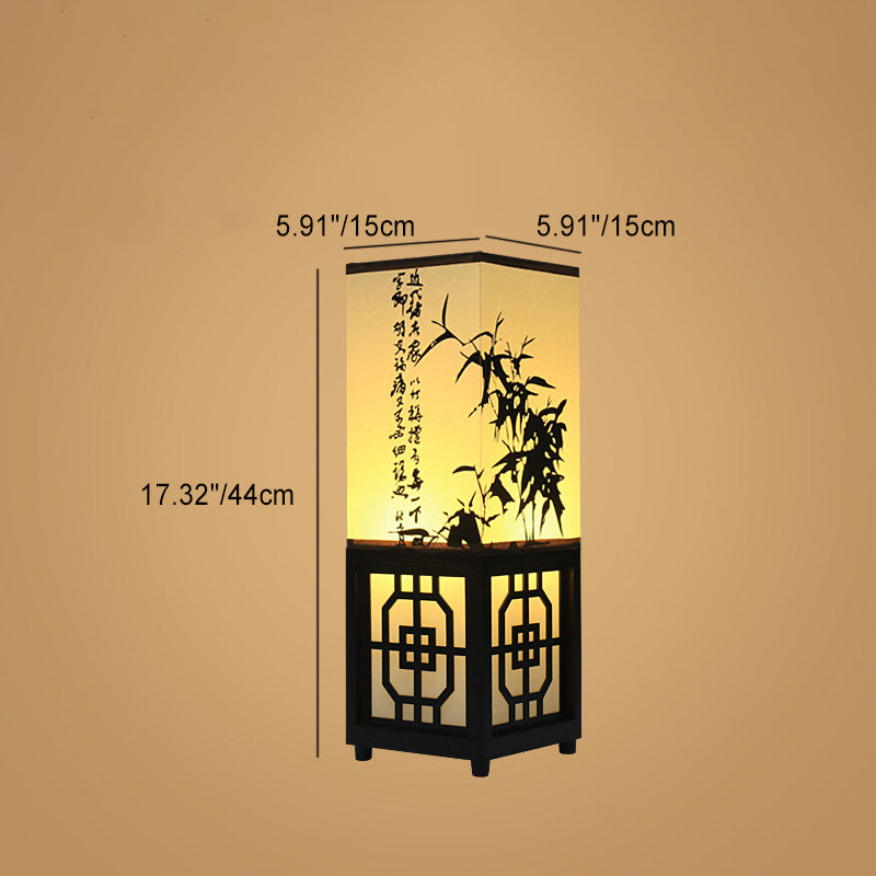 Traditional Chinese Rectangle Bamboo Leaf Pattern Wood Faux Parchment 1-Light Table Lamp For Bedroom
