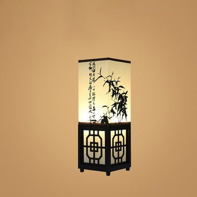 Traditional Chinese Rectangle Bamboo Leaf Pattern Wood Faux Parchment 1-Light Table Lamp For Bedroom