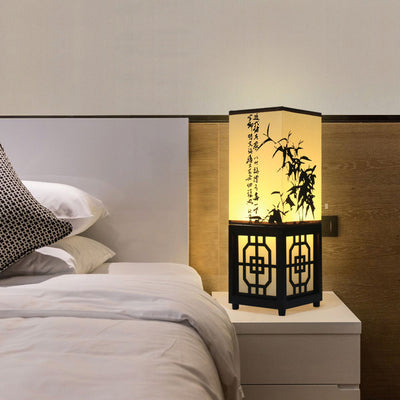 Traditional Chinese Rectangle Bamboo Leaf Pattern Wood Faux Parchment 1-Light Table Lamp For Bedroom