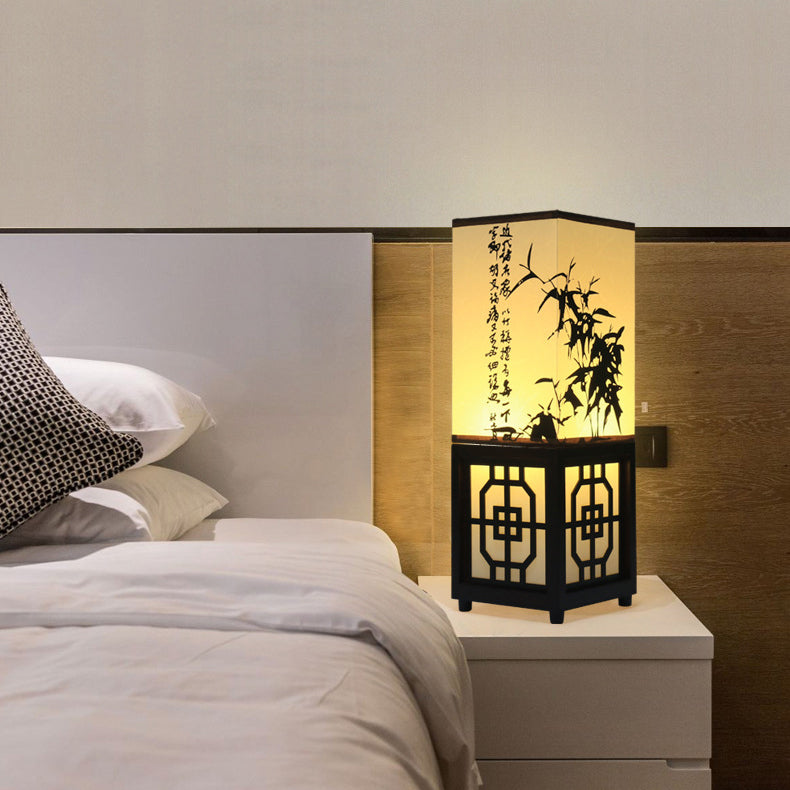 Traditional Chinese Rectangle Bamboo Leaf Pattern Wood Faux Parchment 1-Light Table Lamp For Bedroom