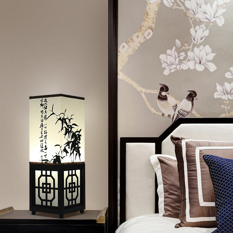 Traditional Chinese Rectangle Bamboo Leaf Pattern Wood Faux Parchment 1-Light Table Lamp For Bedroom
