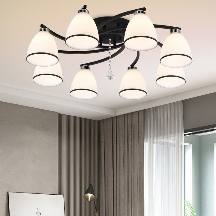 Zeitgenössische skandinavische Zweigkurve Blume Rund Flare Hardware Glas Aluminium 3/5/8 Semi-Flush-Montage Deckenleuchte für Wohnzimmer 