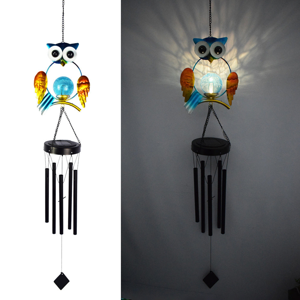 Contemporary Creative Solar Waterproof Owl Wind Chime Iron Glass LED Outdoor Landscape Light For Outdoor Patio