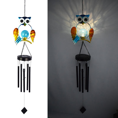 Carillon éolien solaire étanche créatif contemporain avec hibou en fer et verre LED pour éclairage paysager extérieur pour patio extérieur 