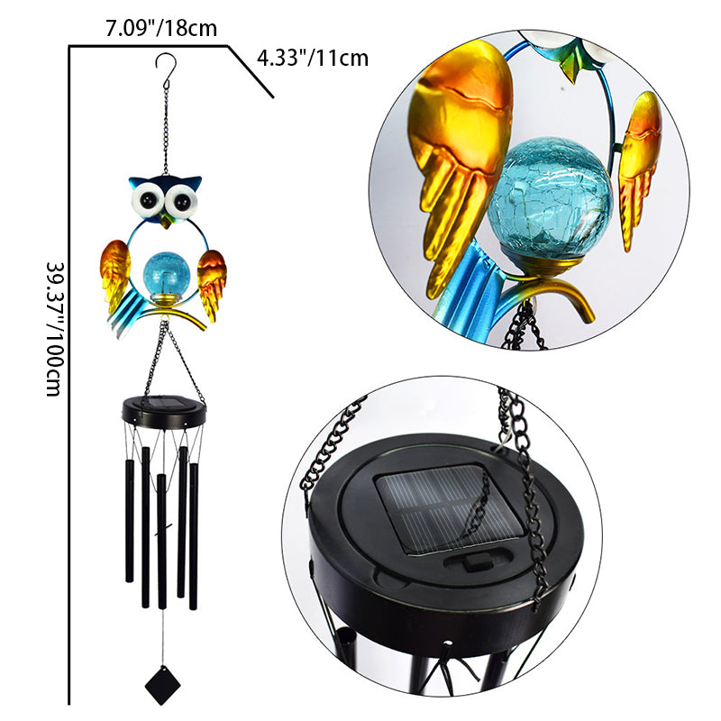 Carillon éolien solaire étanche créatif contemporain avec hibou en fer et verre LED pour éclairage paysager extérieur pour patio extérieur 