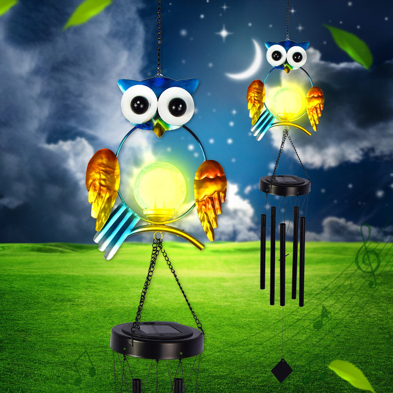 Carillon éolien solaire étanche créatif contemporain avec hibou en fer et verre LED pour éclairage paysager extérieur pour patio extérieur 