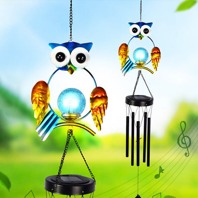 Carillon éolien solaire étanche créatif contemporain avec hibou en fer et verre LED pour éclairage paysager extérieur pour patio extérieur 