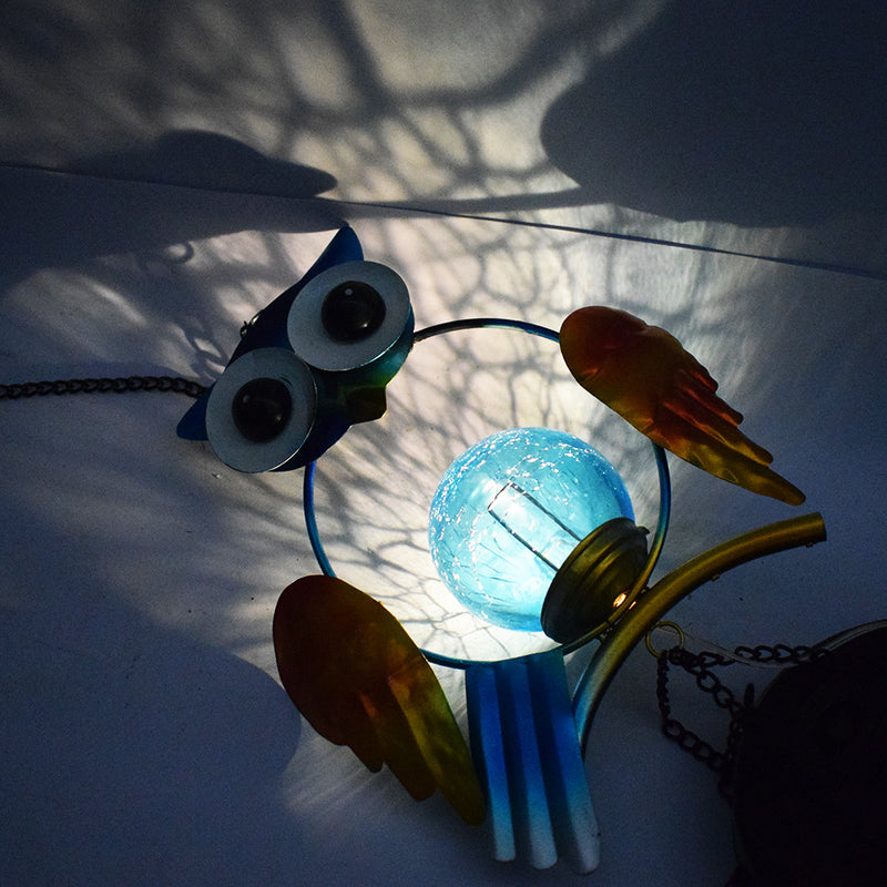 Carillon éolien solaire étanche créatif contemporain avec hibou en fer et verre LED pour éclairage paysager extérieur pour patio extérieur 