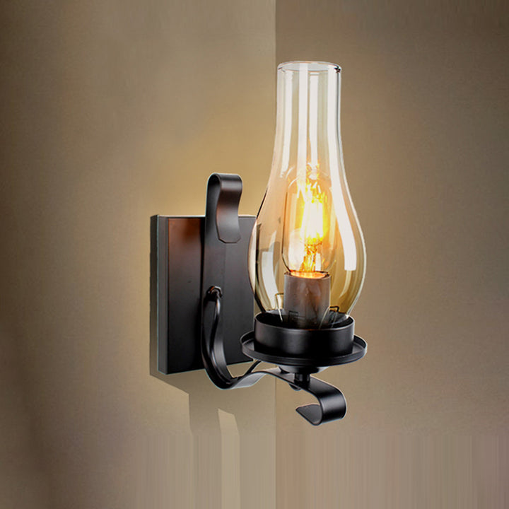 Traditional Vintage Oval Cylinder Rectangular Base Iron Glass 1-Light Wall Sconce Lamp For Living Room