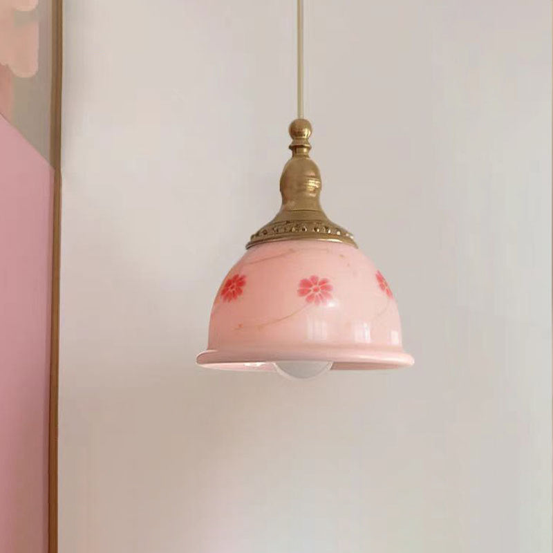 Lámpara colgante de resina de cobre texturizada con diseño floral semicircular tradicional francesa de 1 luz para dormitorio 