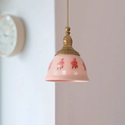 Lámpara colgante de resina de cobre texturizada con diseño floral semicircular tradicional francesa de 1 luz para dormitorio 