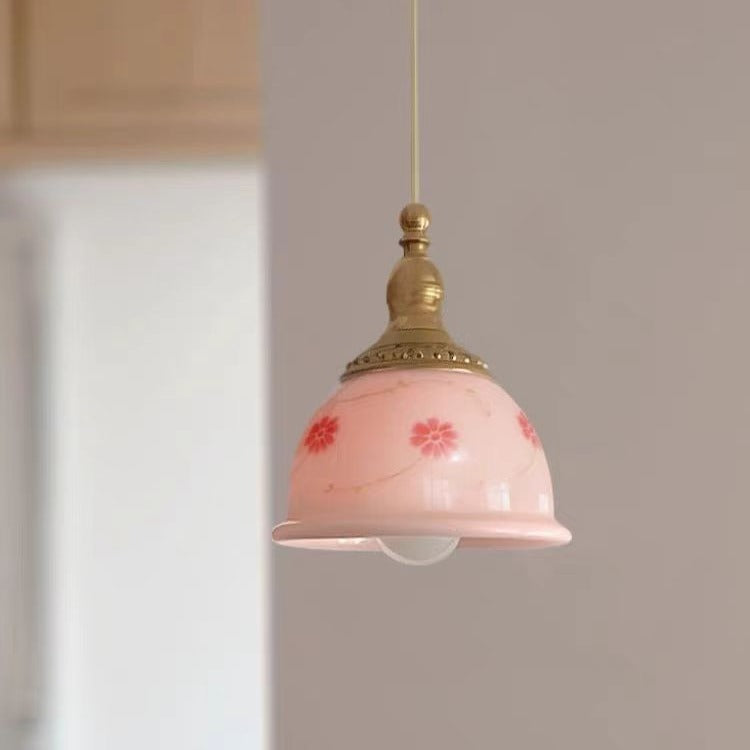Lámpara colgante de resina de cobre texturizada con diseño floral semicircular tradicional francesa de 1 luz para dormitorio 