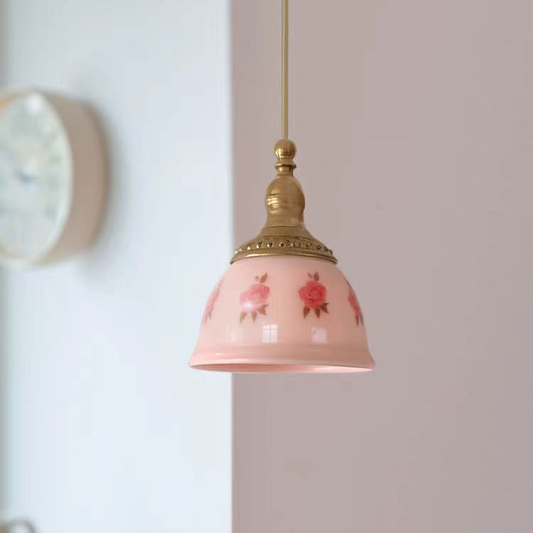 Lámpara colgante de resina de cobre texturizada con diseño floral semicircular tradicional francesa de 1 luz para dormitorio 