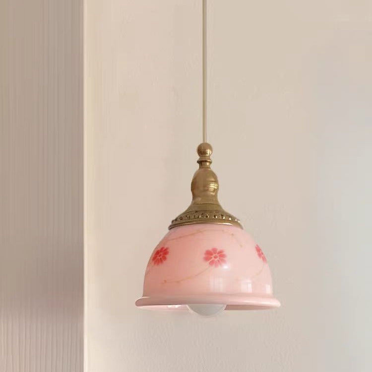 Lámpara colgante de resina de cobre texturizada con diseño floral semicircular tradicional francesa de 1 luz para dormitorio 