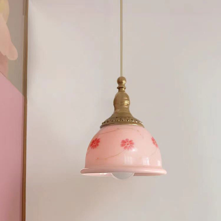 Lámpara colgante de resina de cobre texturizada con diseño floral semicircular tradicional francesa de 1 luz para dormitorio 