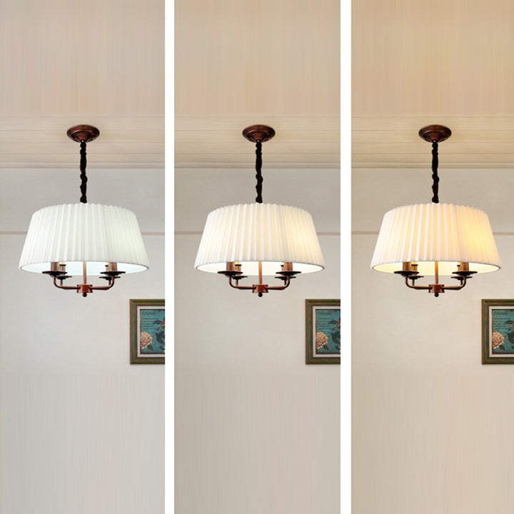 Traditional Vintage Round Table Pleated Branch Iron Fabric 4-Light Chandelier For Living Room