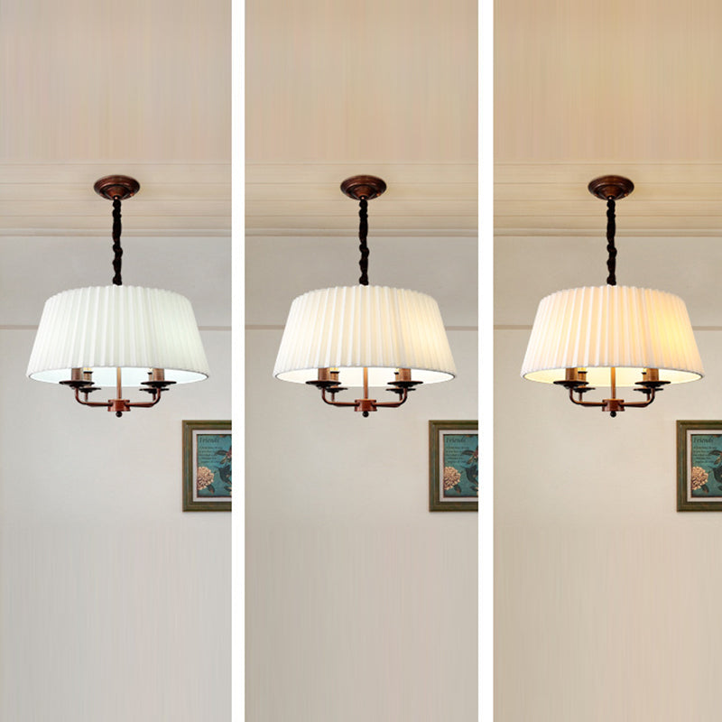 Traditional Vintage Round Table Pleated Branch Iron Fabric 4-Light Chandelier For Living Room