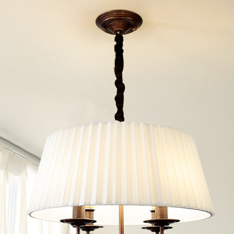 Traditional Vintage Round Table Pleated Branch Iron Fabric 4-Light Chandelier For Living Room