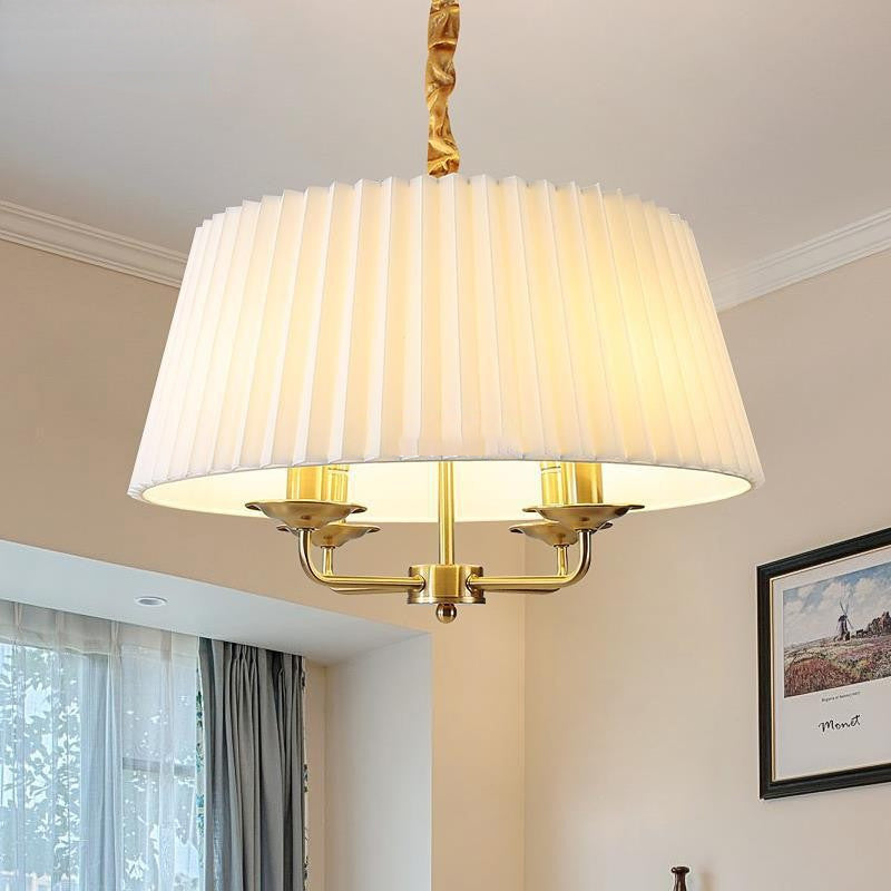 Traditional Vintage Round Table Pleated Branch Iron Fabric 4-Light Chandelier For Living Room