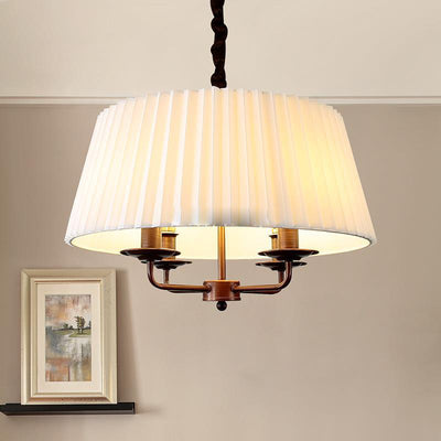 Traditional Vintage Round Table Pleated Branch Iron Fabric 4-Light Chandelier For Living Room