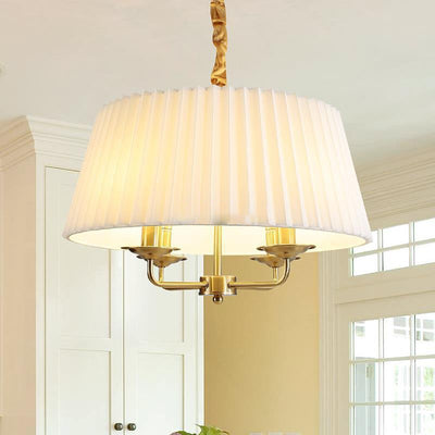 Traditional Vintage Round Table Pleated Branch Iron Fabric 4-Light Chandelier For Living Room