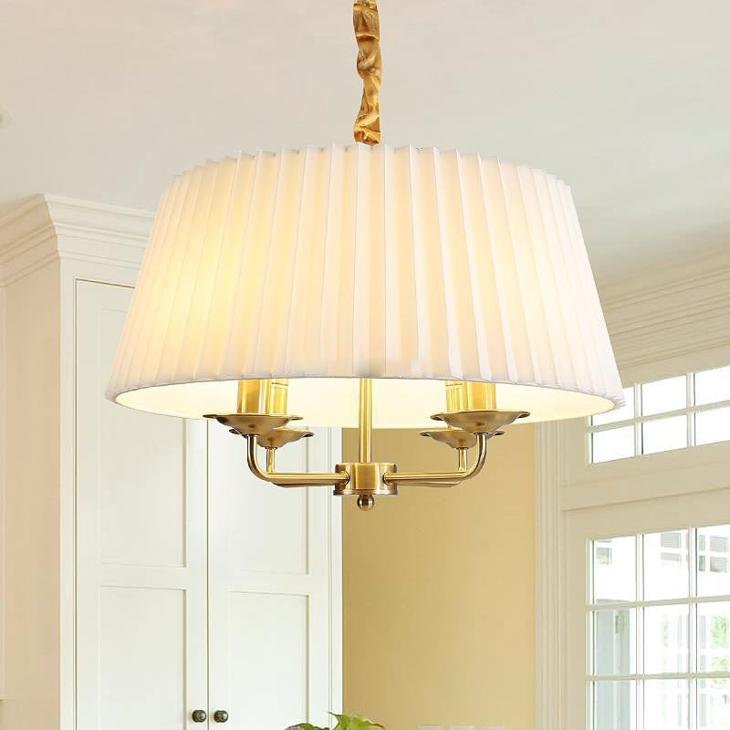 Traditional Vintage Round Table Pleated Branch Iron Fabric 4-Light Chandelier For Living Room