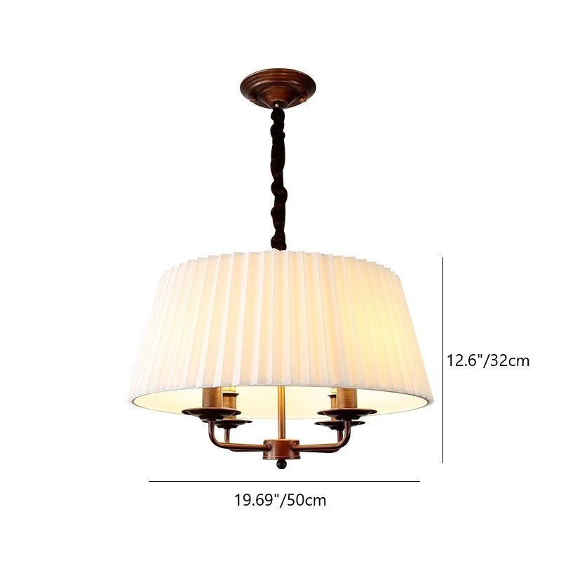 Traditional Vintage Round Table Pleated Branch Iron Fabric 4-Light Chandelier For Living Room