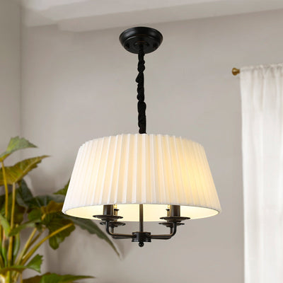 Traditional Vintage Round Table Pleated Branch Iron Fabric 4-Light Chandelier For Living Room