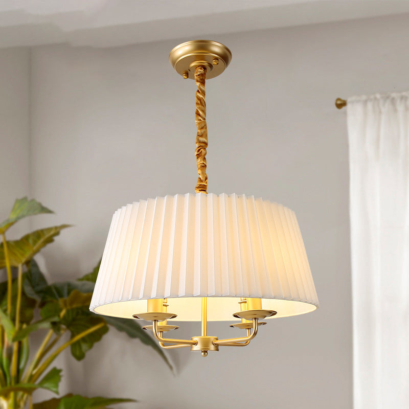Traditional Vintage Round Table Pleated Branch Iron Fabric 4-Light Chandelier For Living Room