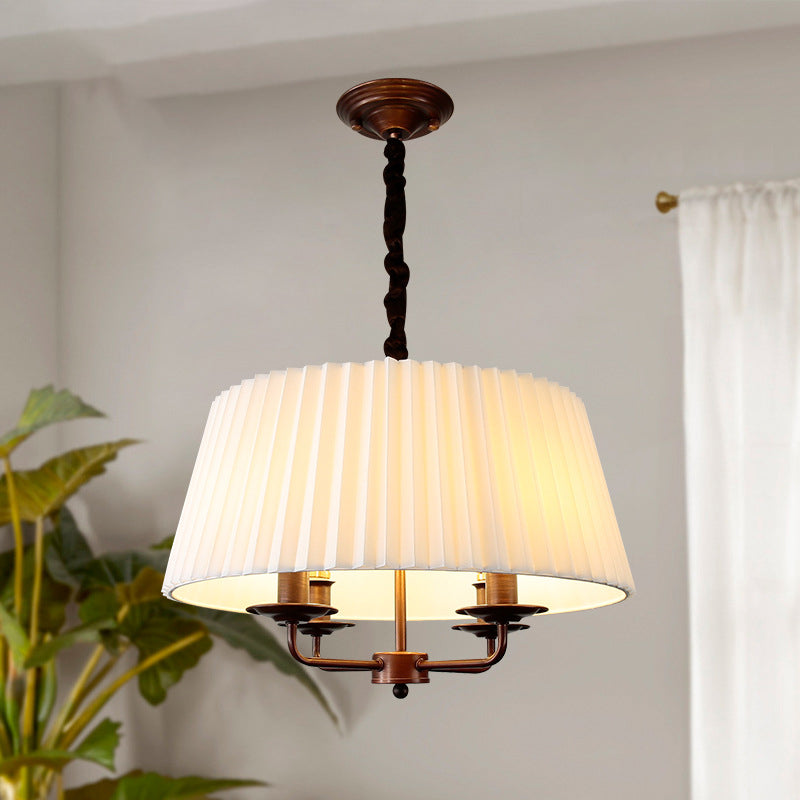 Traditional Vintage Round Table Pleated Branch Iron Fabric 4-Light Chandelier For Living Room